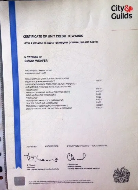Emma Weafer qualification document: Archived fitness qualification certificate