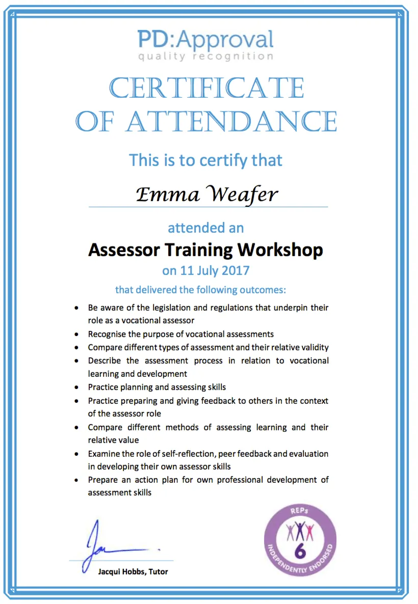 Emma Weafer qualification document: Qualification certificate screenshot from July 27 2018
