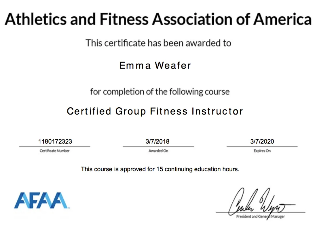 Emma Weafer qualification document: Qualification certificate screenshot from July 27 2018