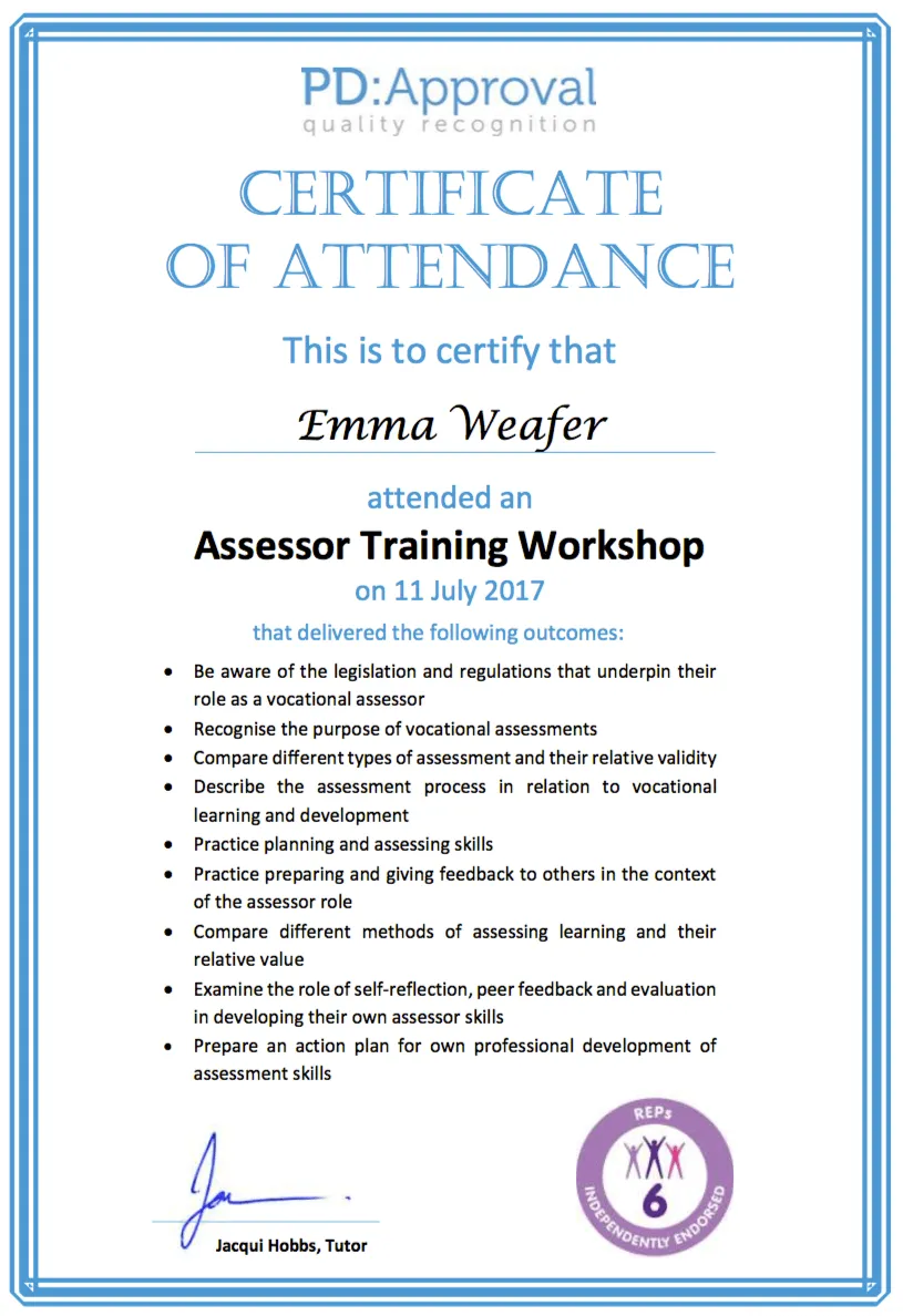 Emma Weafer qualification document: Qualification certificate screenshot from July 27 2018