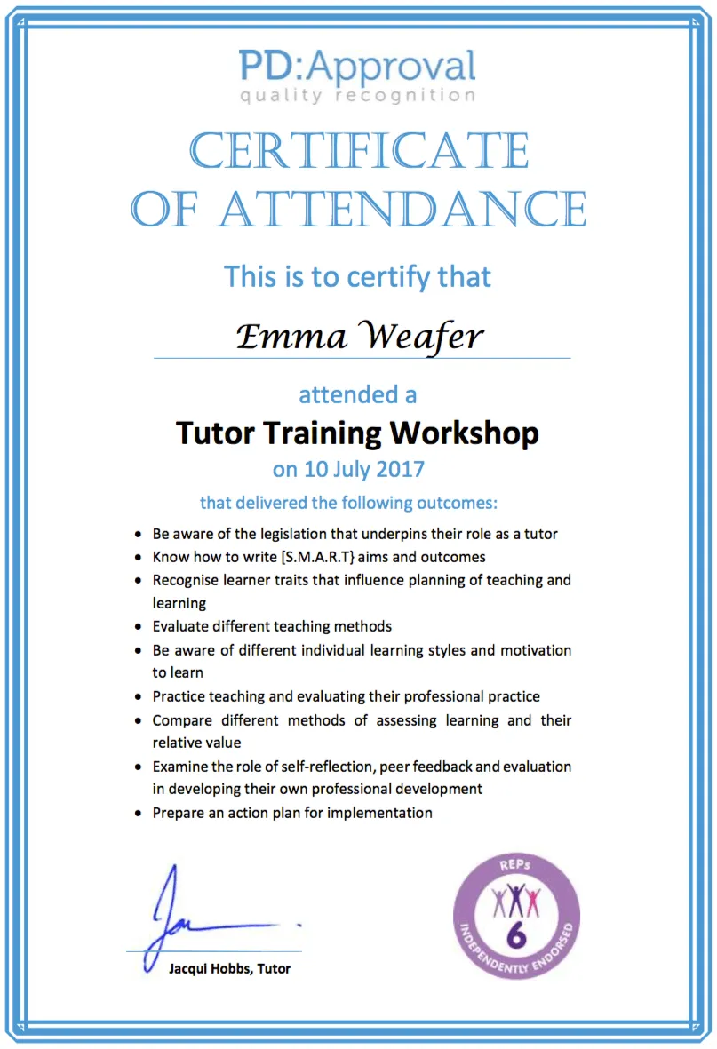 Emma Weafer qualification document: Qualification certificate screenshot from July 27 2018