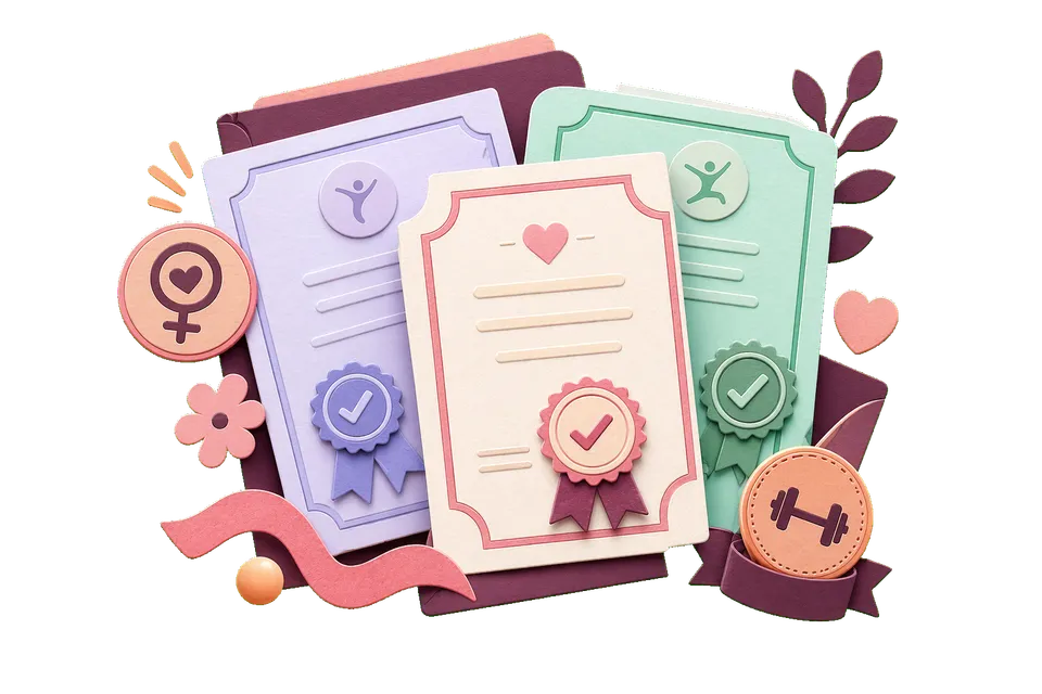 Layered qualification certificates representing Emma Weafer's professional fitness credentials.
