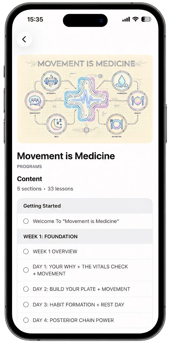 Movement is Medicine programme dashboard showing the programme content and daily lessons.